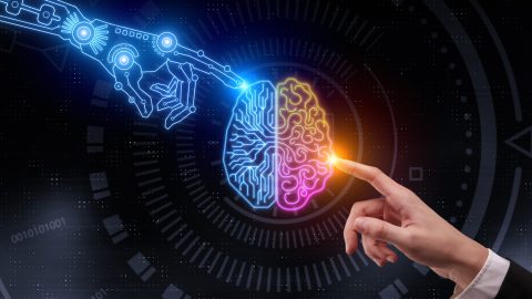 Hand pointing at glowing digital brain. Artificial intelligence and future concept. 3D Rendering