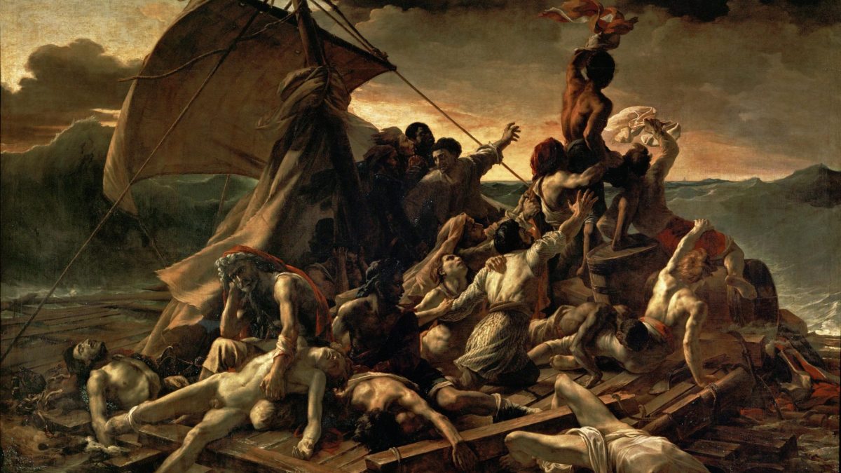 A romantic oil painting of French sailors set adrift.