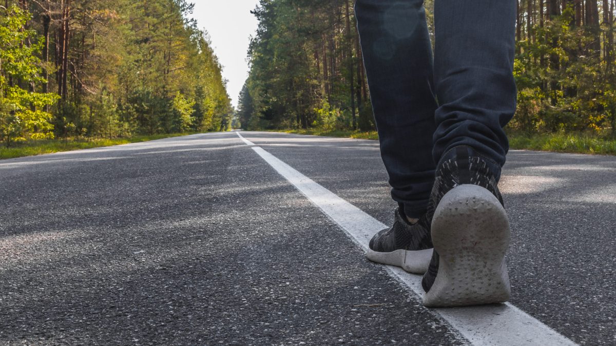 Someone takes a step forward along a forest road.
