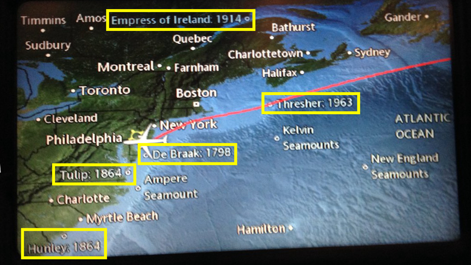 American Airlines in-flight map showing shipwrecks near the North American coast