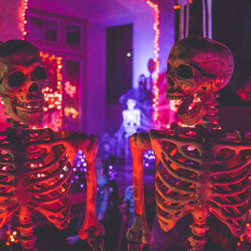 Skeletons outside of a house decorated for trick or treating on Halloween.