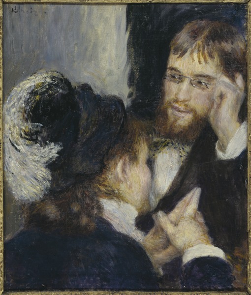 An impressionist painting featuring a man and woman having a conversation