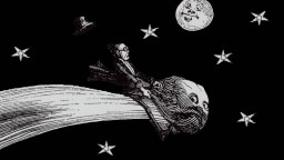 A man in a suit rides a comet with a face through a star-filled night sky, reflecting on lessons learned from space travel; a top hat floats nearby as the moon smiles in the background.