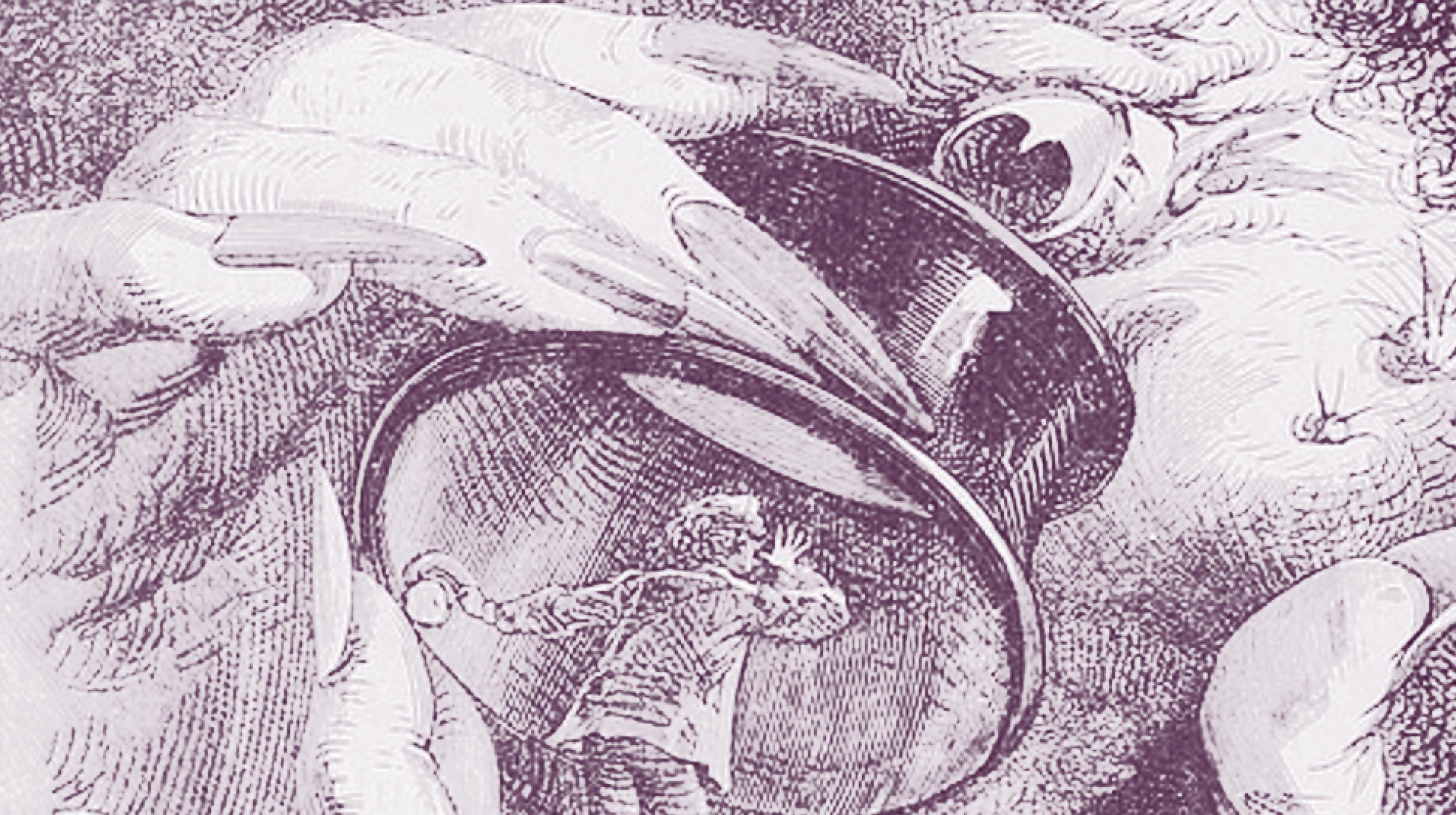 A person stands in front of a large face, peering into an oversized monocle held by a giant hand, as if searching for traces of free will within the magnified gaze.
