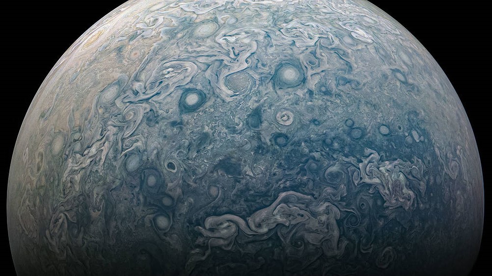 A color-enhanced image of Jupiter using data from the JunoCam camera..