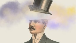 A vintage-style illustration of a man in a suit with a mustache and top hat, the top of his head open as colorful smoke swirls out, symbolizing creativity.