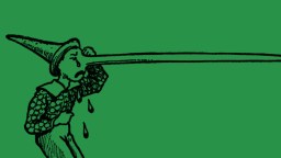 Black line drawing of a person with a long nose, reminiscent of Pinocchio, wiping tears from their face against a solid green background, illustrating the impact of honesty on child development principles.