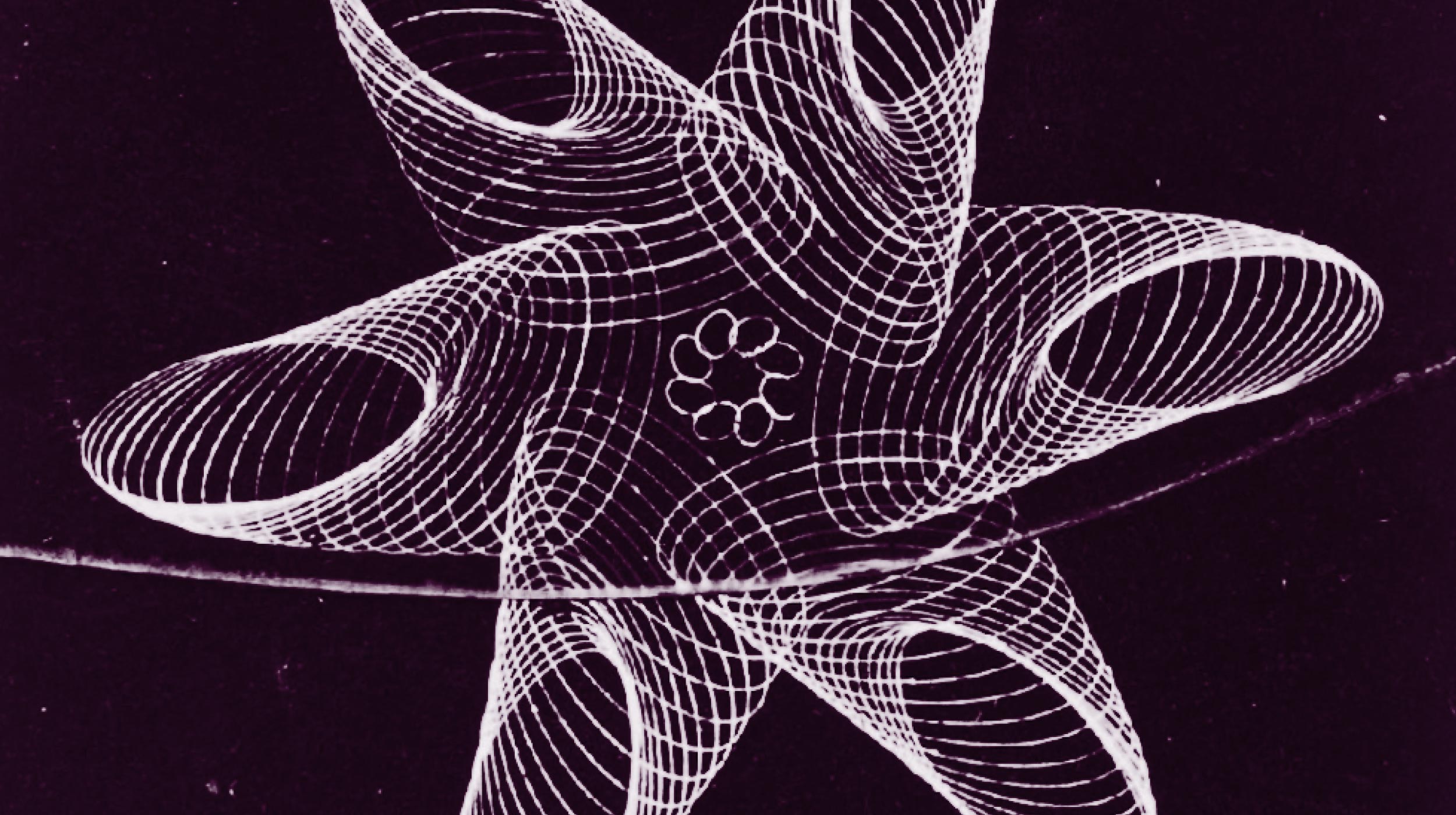 Geometric abstract design featuring overlapping white wireframe curves forming a symmetrical star shape on a black background, evoking the cosmic elegance of the big bang.