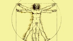 Illustration of a nude male figure with arms and legs extended in two positions, inscribed in a circle and square, known as the Vitruvian Man by Leonardo da Vinci, exemplifying the law of symmetry in human anatomy.