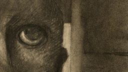 Close-up of a pencil and charcoal drawing showing a detailed human eye on the left side, with textured shading and geometric shapes in the background—capturing the beauty found where science fails to explain human perception.