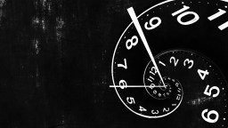 A black and white spiral clock with distorted numbers on a dark textured background, evoking the science of time and creating an illusion of time twisting inward.