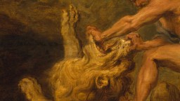 A muscular figure pries open the jaws of a roaring lion lying on its back, depicted in a dramatic, dynamic scene with expressive brushstrokes—symbolizing the struggle of learning how to change habits.