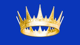 A gold crown with pointed tips and ornate detailing is shown against a solid blue background, symbolizing the evolution of kindness through regal elegance.