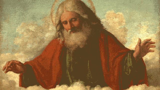 A painting of an elderly man with long white hair and beard, wearing a red robe, surrounded by clouds with a halo above his head, set against a soft green sky—inviting reflection on beliefs and the types of atheism.