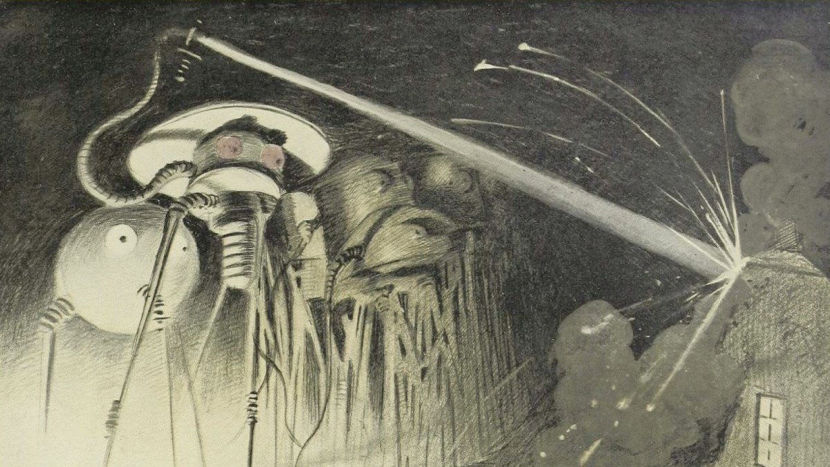 Illustration of large, mechanical tripod machines with glowing eyes detecting life as they shoot a beam of light at a smoking building, causing sparks and destruction.