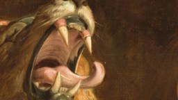 Close-up of a lion's open mouth showing sharp teeth and tongue, painted in a realistic style with rich brown and yellow tones, capturing intensity that echoes themes seen in the neuroscience of inequality.