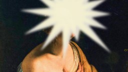 A classical-style portrait of a person with their face obscured by a large white starburst shape.