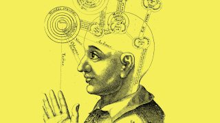A vintage illustration of a person's head in profile, with diagrams of astronomical and conceptual systems overlaying the brain to evoke themes of consciousness, set against a yellow background.