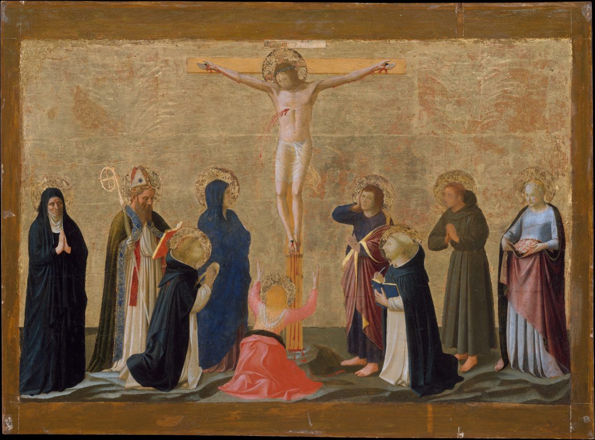 A religious painting depicting the crucifixion of Jesus Christ