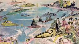 A whimsical vintage illustration depicts people in Victorian-era attire flying in futuristic airships and vehicles above a cityscape.