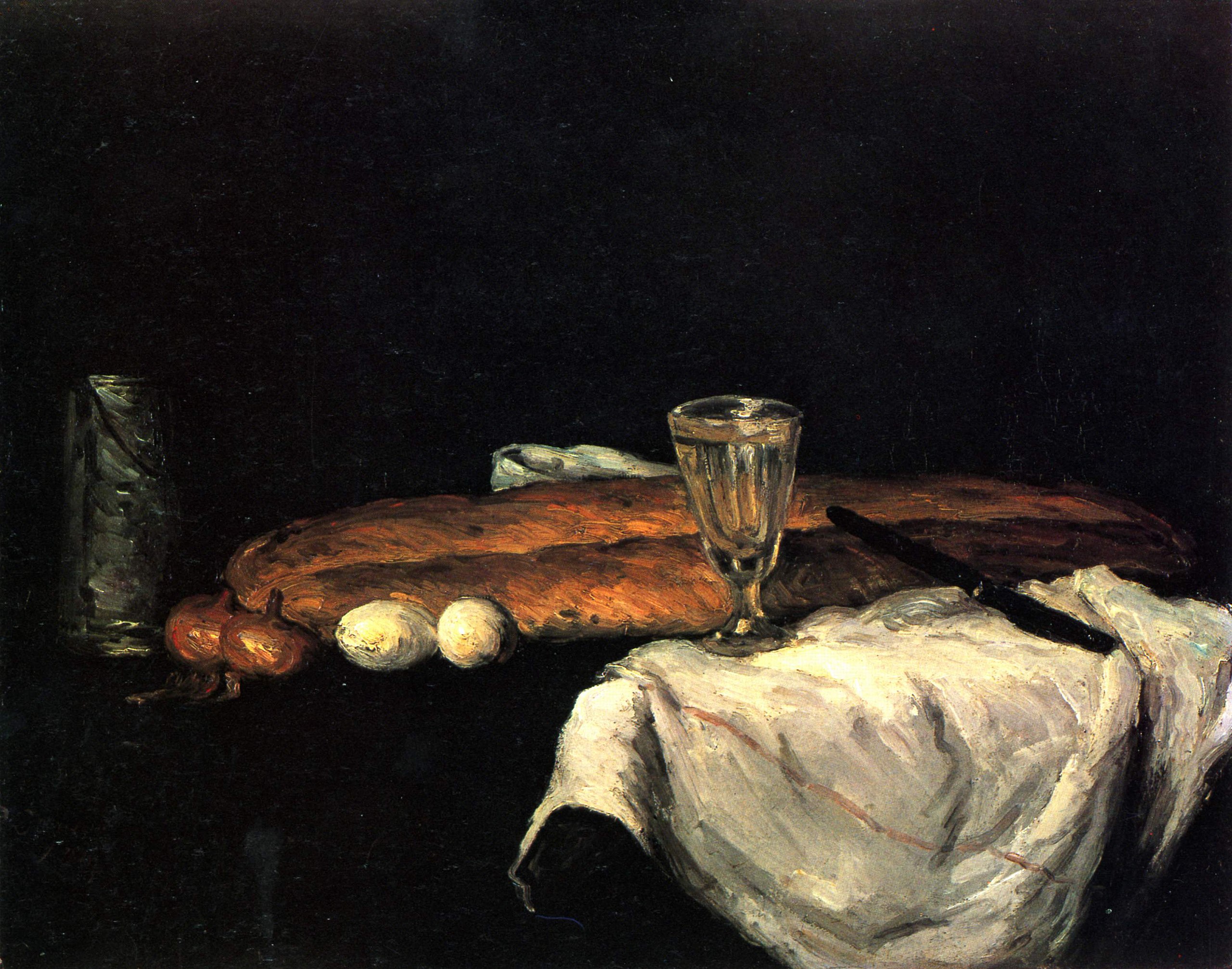The painting "Still Life with Bread and Eggs" by Paul Cézanne.