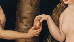 Close-up of two figures; one extends an apple towards the other near a tree trunk. The scene references the biblical story of Adam and Eve.