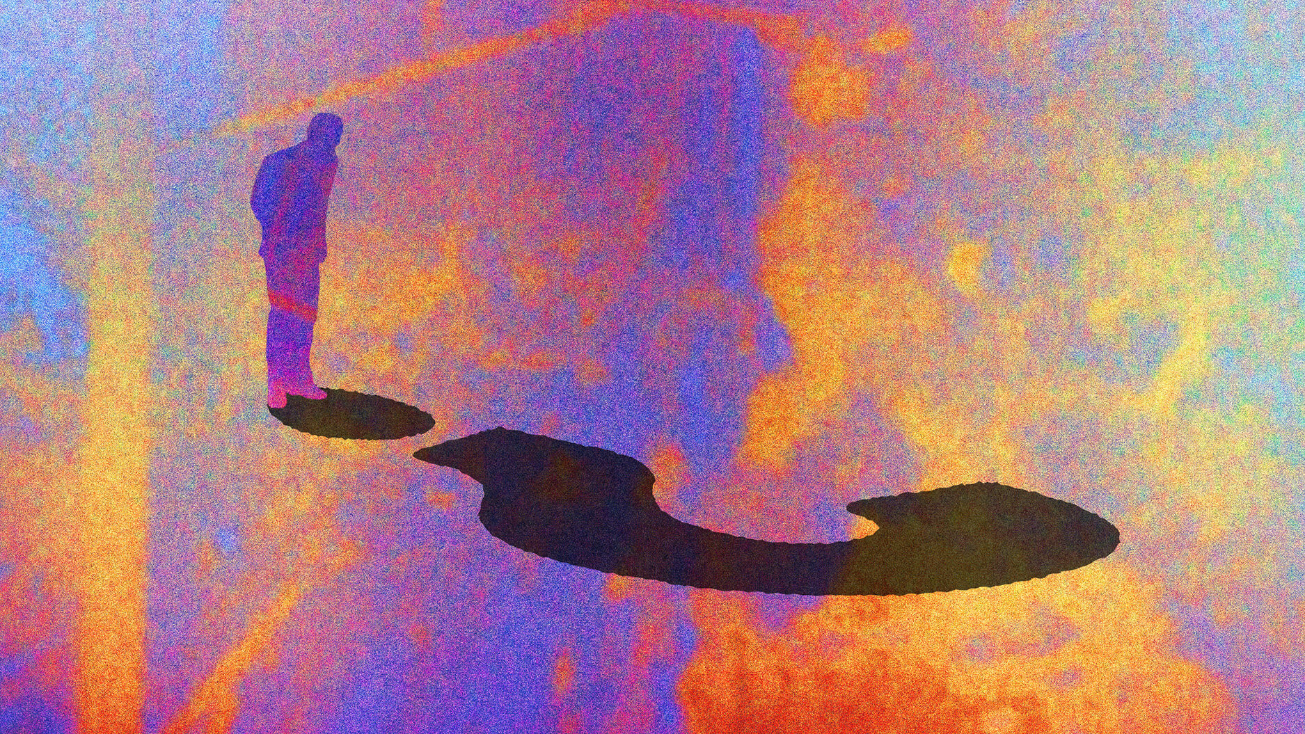 A person stands on an abstract surface, casting a large question mark-shaped shadow surrounded by vibrant orange, blue, and purple hues.