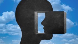 A black silhouette of a human head with a rectangular section cut out, revealing a profile face against a cloudy blue sky, symbolizes the limits of our attention span.