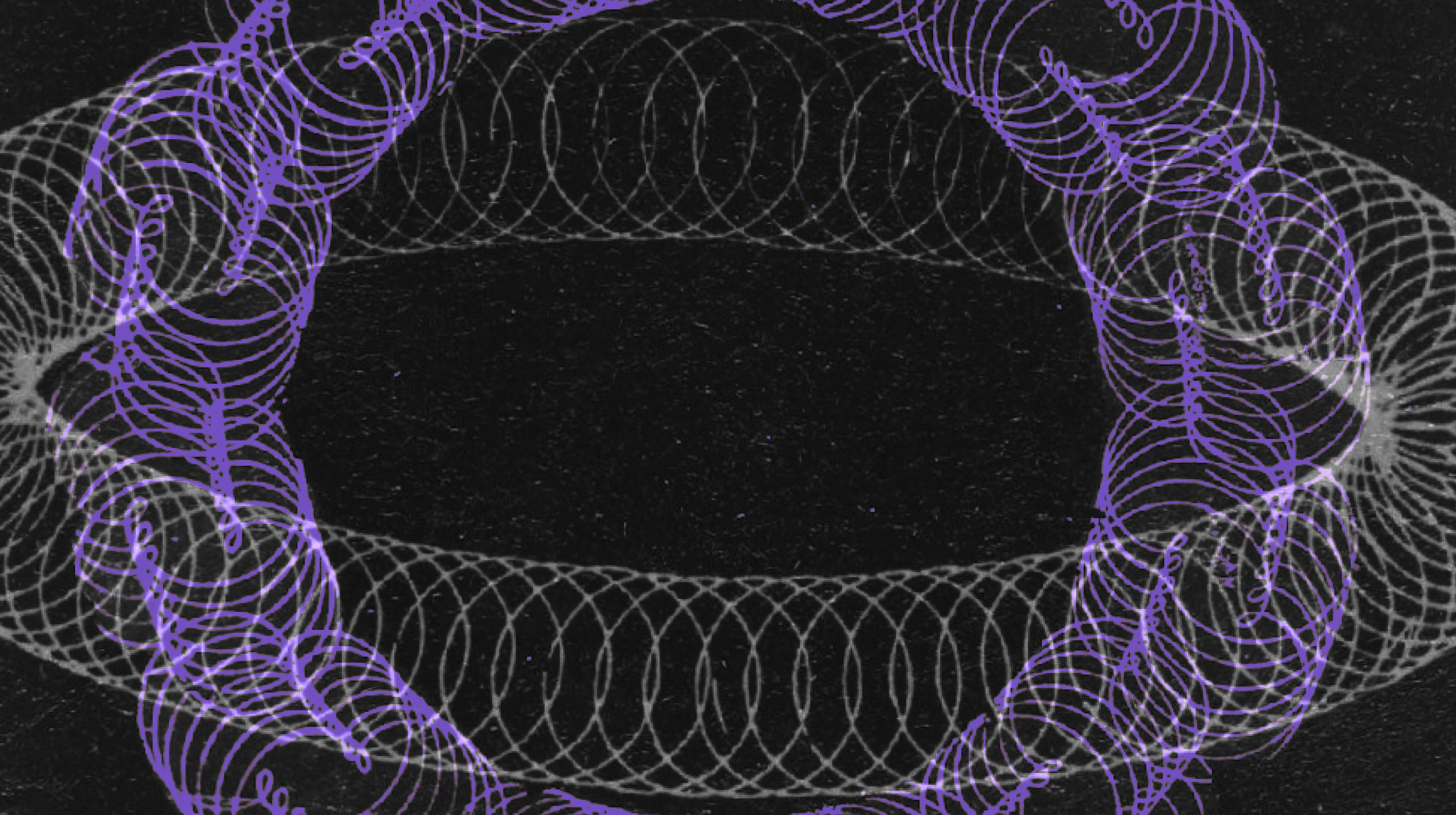 A circular pattern of overlapping purple and white spirals and loops appears against a black background.