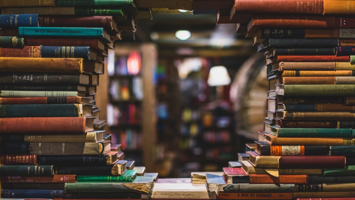 Books stacked in a library