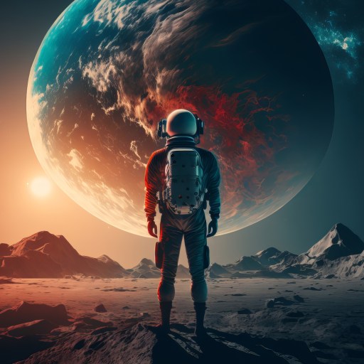 astronaut looking at Earth-like planet