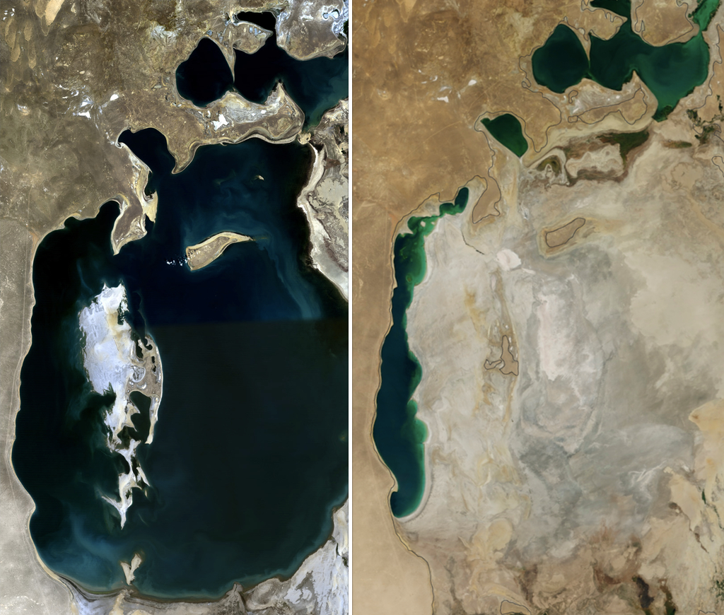 The Aral Sea in 1989 (left) and in 2014 (right)