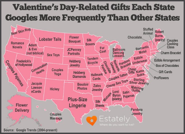 A U.S. map depicting the most popular Valentine's Day gifts
