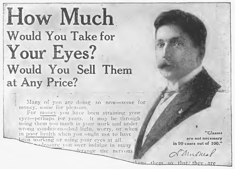 A fraudulent newspaper ad claiming to cure many eye ailments.