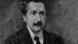 A black-and-white painting depicts a man with tousled hair, a mustache, and a suit with a tie, facing forward against a textured background.