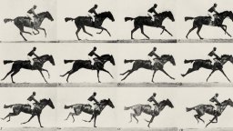 A sequence of black-and-white frames showing a horse and rider in motion, depicting various stages of a gallop.