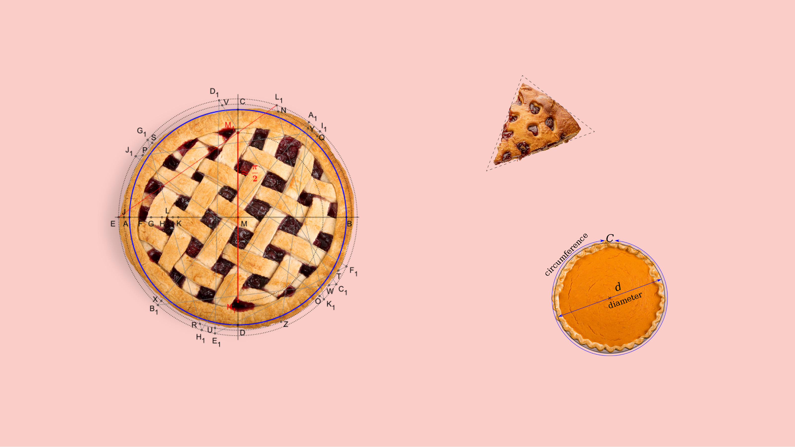 a pie and a slice of pie on a pink background.