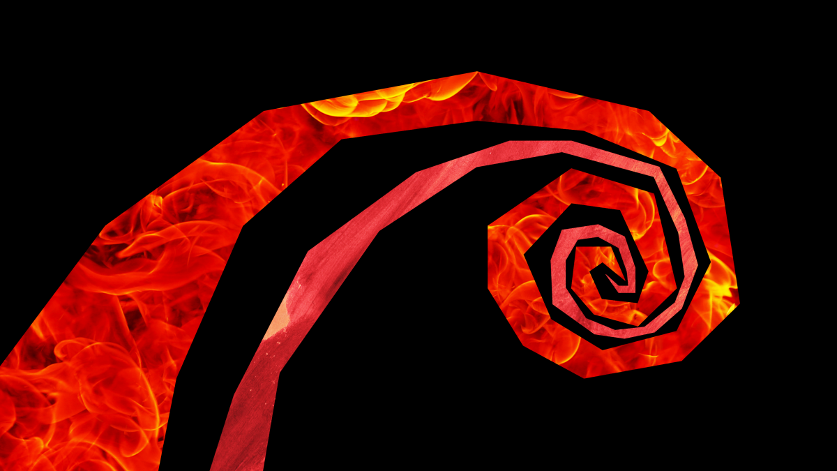 a red tie that is on fire on a black background.