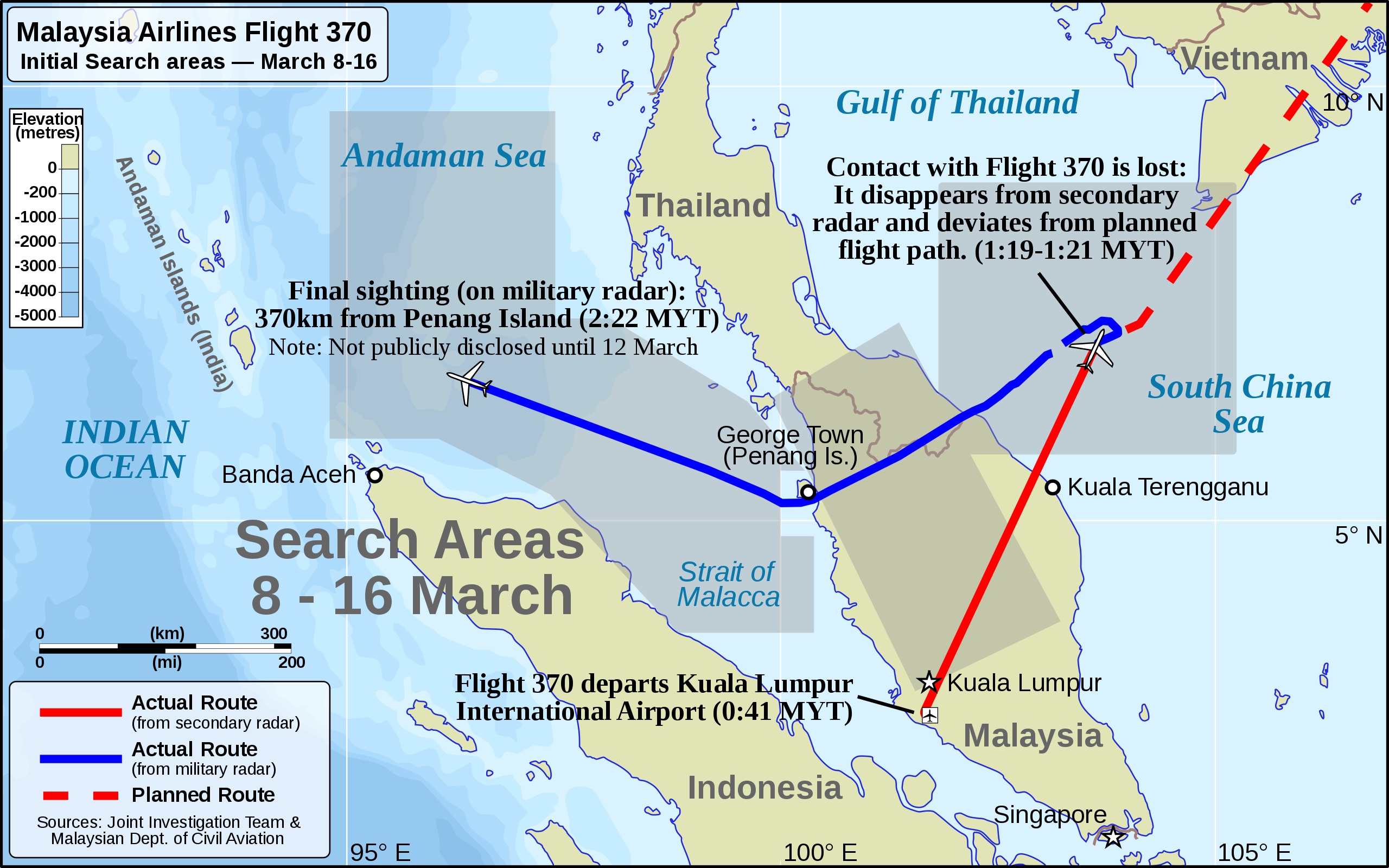 A map and timeline of Flight MH370