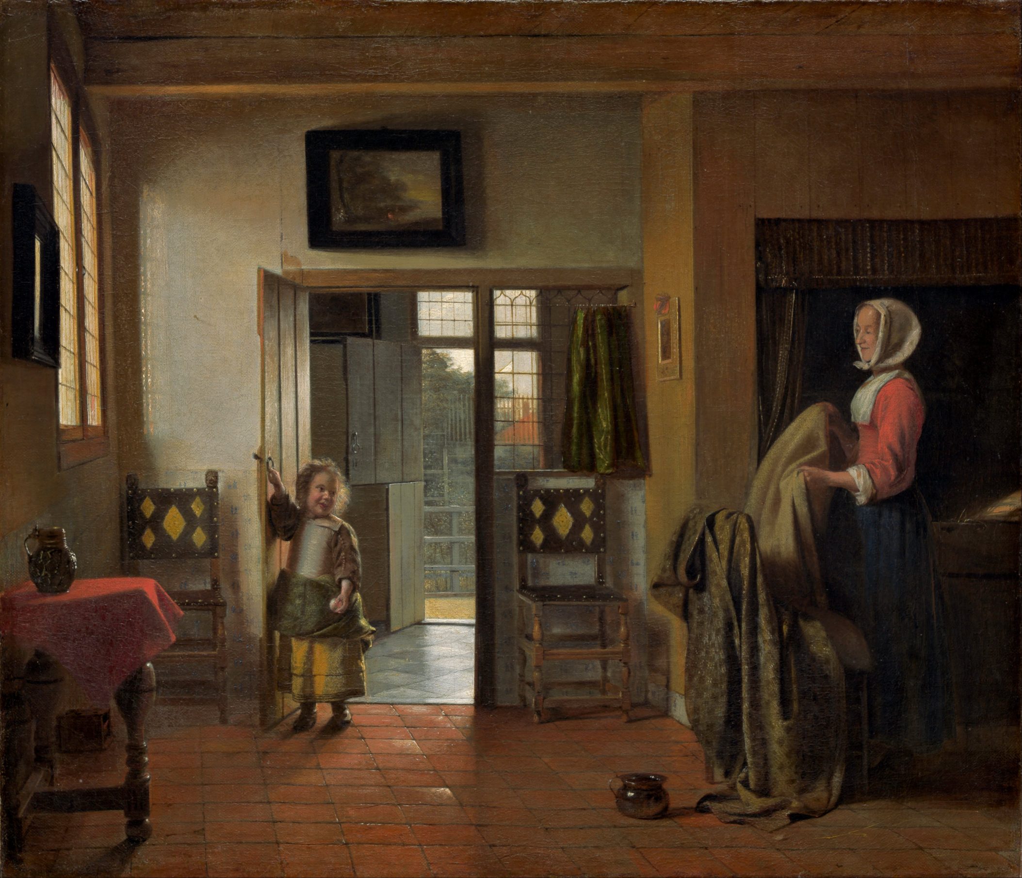 A painting of a woman and a child in a bedroom.