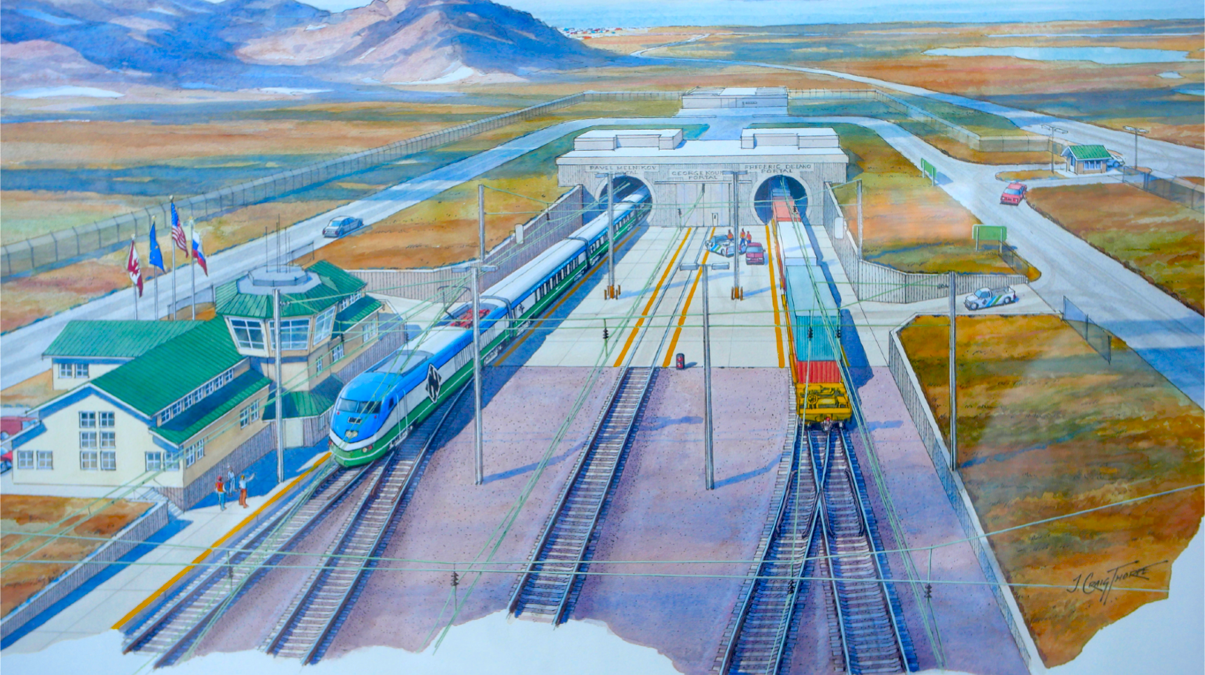 a painting of a train station with a train on the tracks.