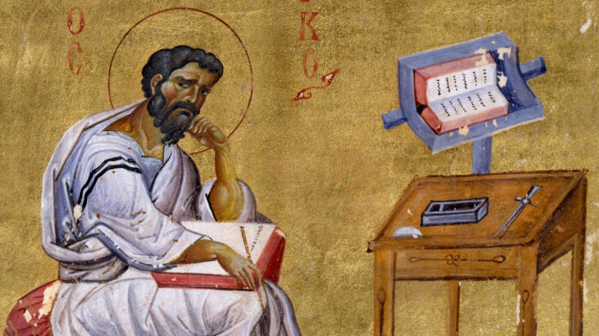 a painting of a man sitting in front of a desk.