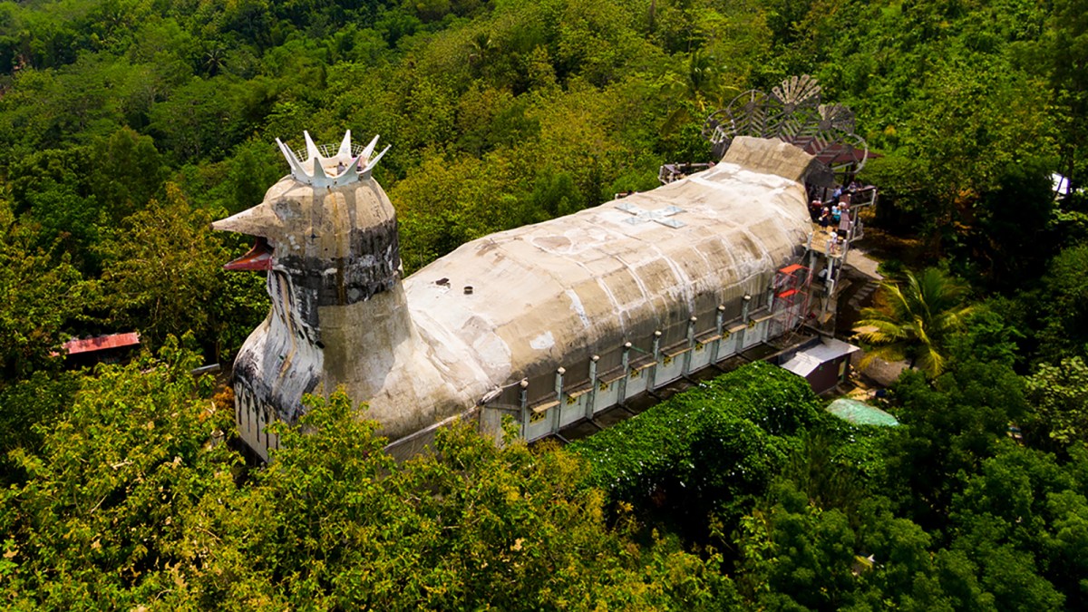a large building in the middle of a forest.