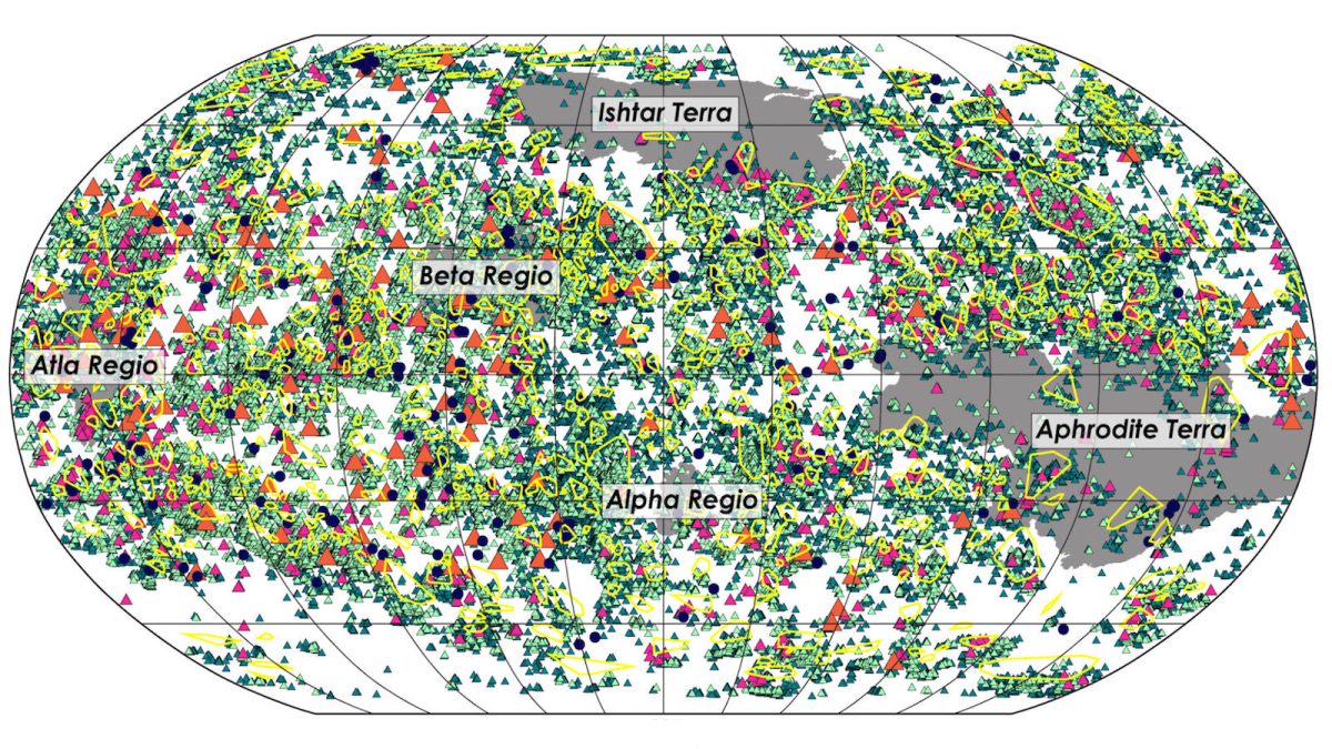 a map of volcanoes on Venus with different colored dots.