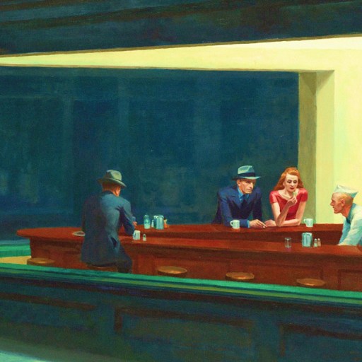 a painting of people sitting at a bar.