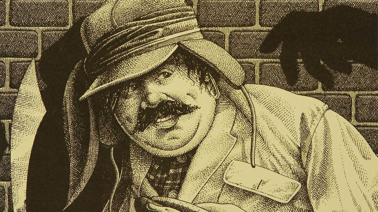 a drawing of a man with a mustache and hat.