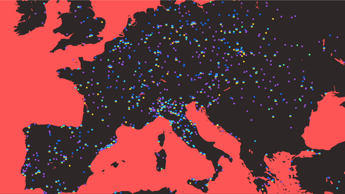 a map of europe with a red background.