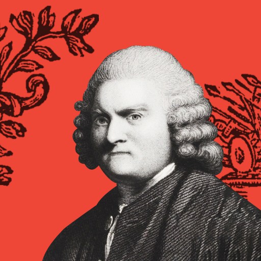 a black and white photo of a man in front of a red background.