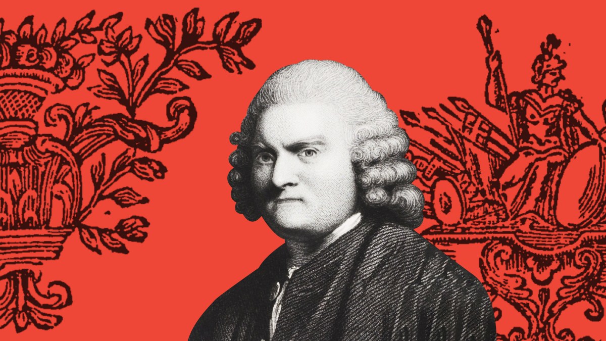 a black and white photo of a man in front of a red background.