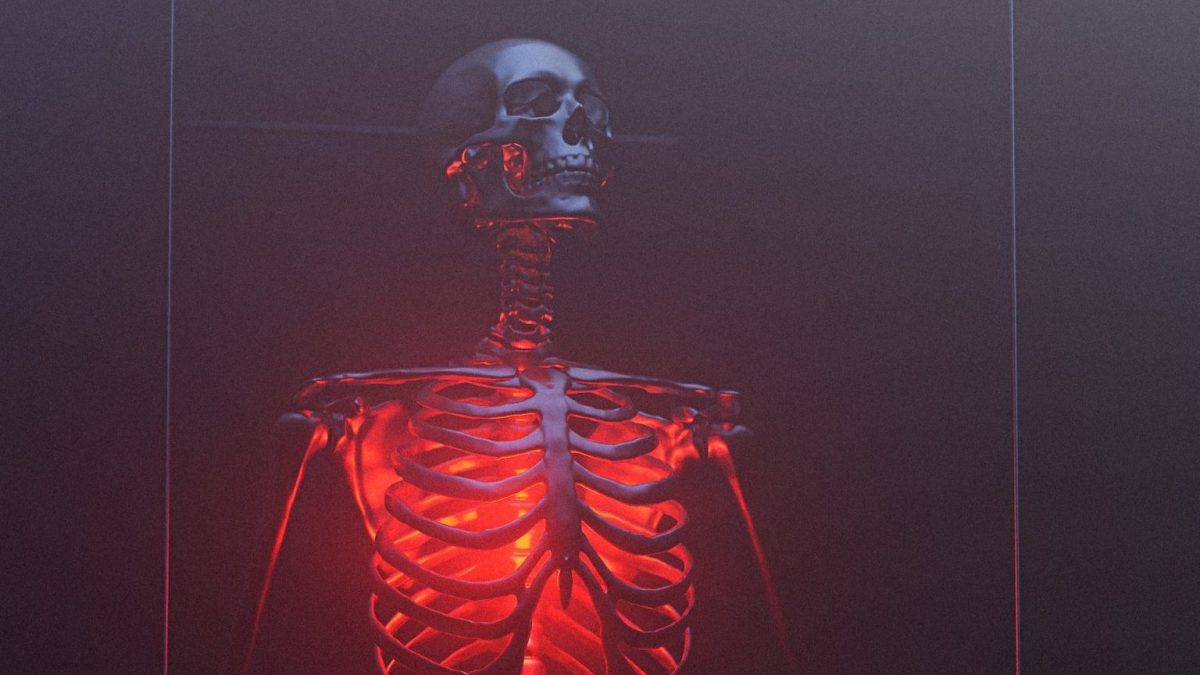 a skeleton is shown in a red light.